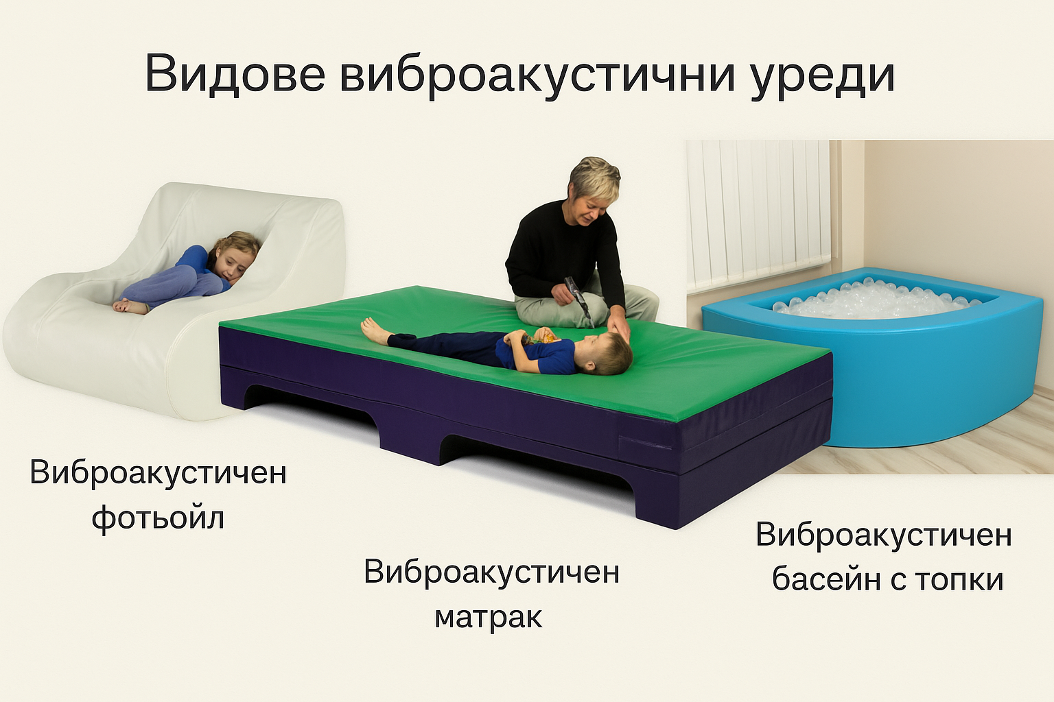 Различни видове виброакустични уреди - виброакустичен фотьойл, виброакустично легло, виброакустичен басейн с топки