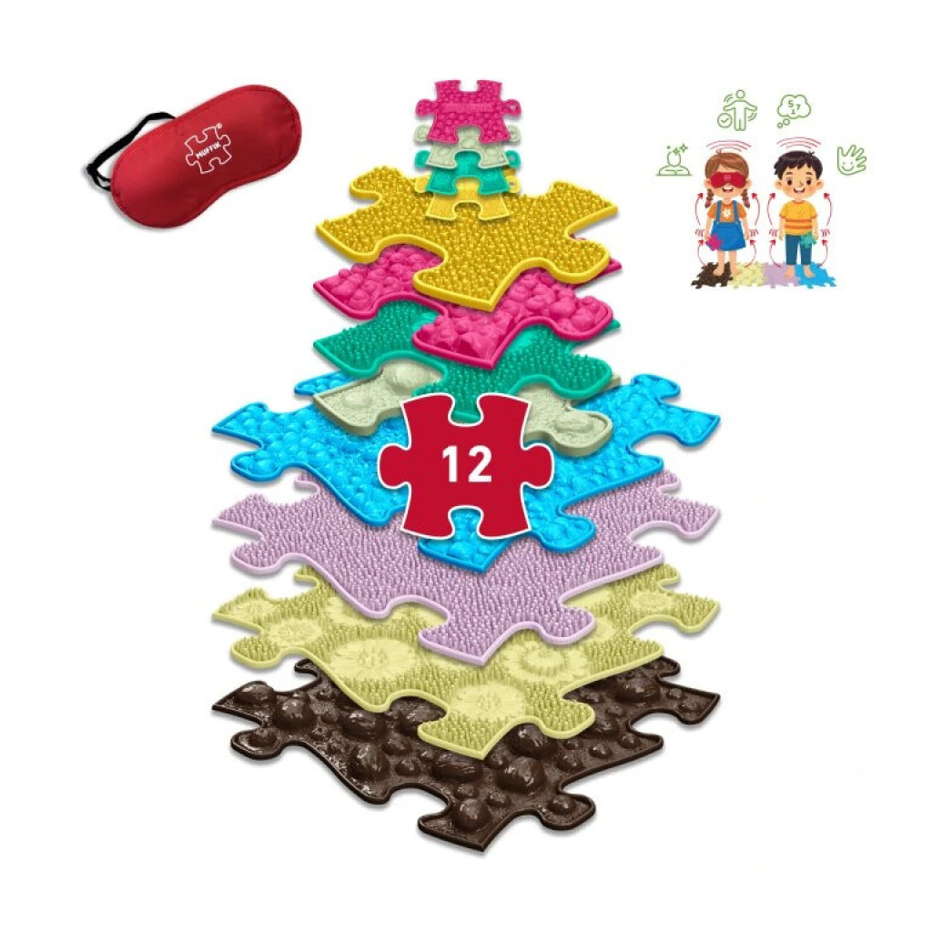 Тактилна мемори игра за пода – комплект от 12 релефни пъзел елемента, мини версии, ключодържатели и превръзка за очи. Развива внимание, памет, сетивност и координация при деца.