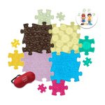 Тактилна мемори игра за пода – комплект от 12 релефни пъзел елемента, мини версии, ключодържатели и превръзка за очи. Развива внимание, памет, сетивност и координация при деца.