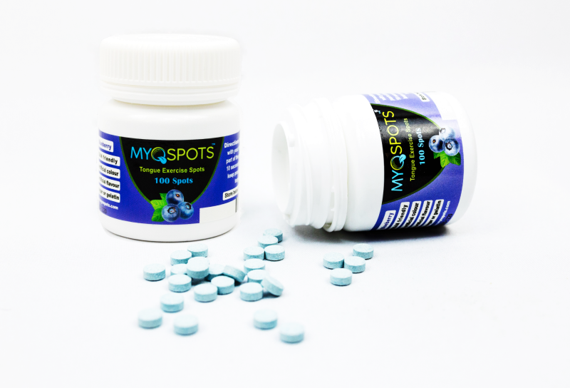 mzz3kksmxlkbtzuycwixr2ghaxqefgyhtx9vdxcd.png Таблетки за упражнение на езика MYOSPOTS - 100 бр., вкус боровинка