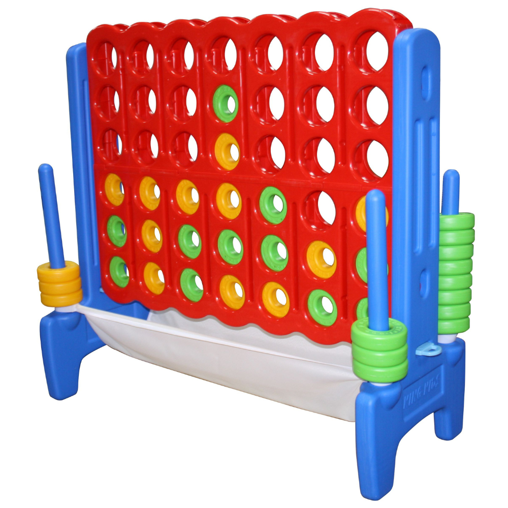 mzz3kksmxlkbtzuycwixr2ghaxqefgyhtx5tdxah-1.png Голяма цветна версия на играта Печелившата четворка с червена решетка и дискове в жълт, зелен и червен цвят, поставена на синя стойка, подходяща за игра на открито и закрито.