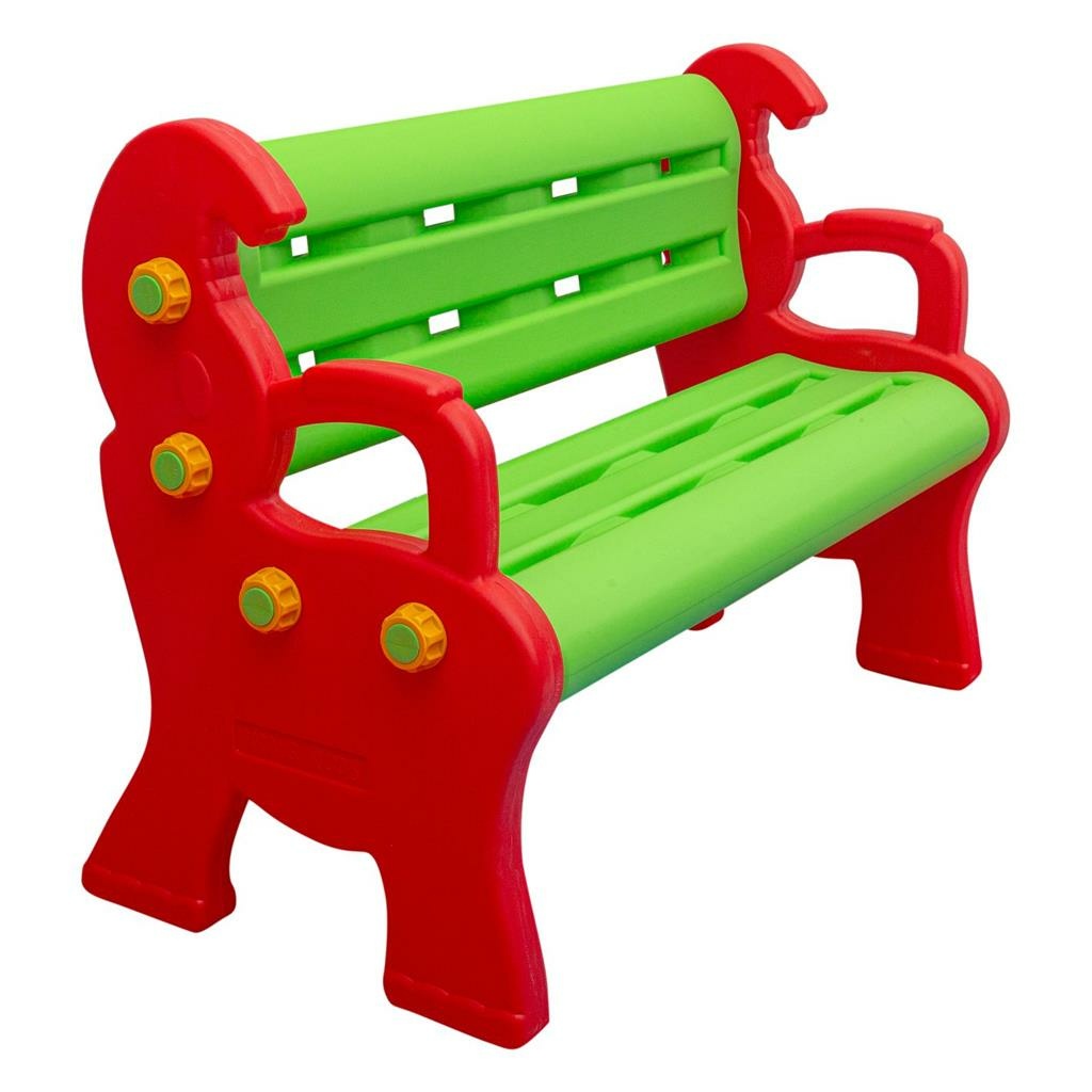 Детска двойна пластмасова пейка в ярки цветове с облегалка и подлакътници, подходяща за вътрешна и външна употреба.