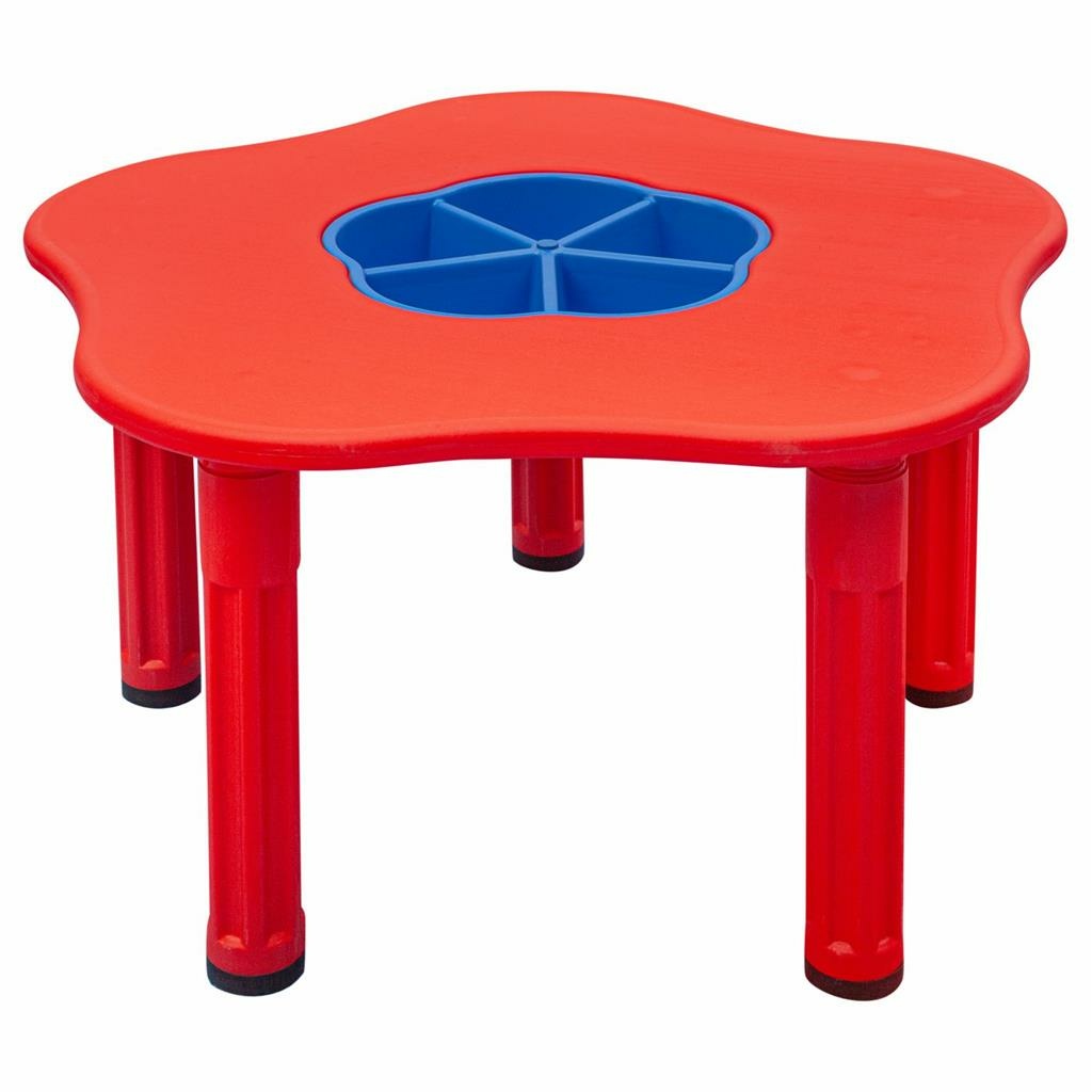 Детска пластмасова маса за игра с форма на цвете и централен контейнер, пълна с пясък и вода, с четири стабилни крака, подходяща за деца над 3 години.