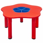 Детска пластмасова маса за игра с форма на цвете и централен контейнер, пълна с пясък и вода, с четири стабилни крака, подходяща за деца над 3 години.