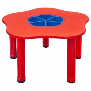 Детска пластмасова маса за игра с форма на цвете и централен контейнер, пълна с пясък и вода, с четири стабилни крака, подходяща за деца над 3 години.