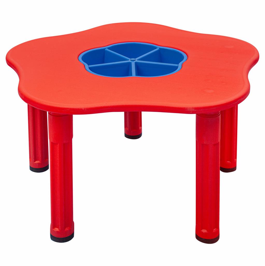 mzz3kksmxlkbtzuycwixr2ghaxqefgyhtx5tdxea.jpg Детска пластмасова маса за игра с форма на цвете и централен контейнер, пълна с пясък и вода, с четири стабилни крака, подходяща за деца над 3 години.