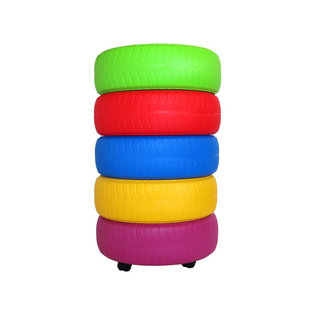 Комплект 5 цветни игрални гуми с количка за съхранение – големи меки гуми в ярки цветове.